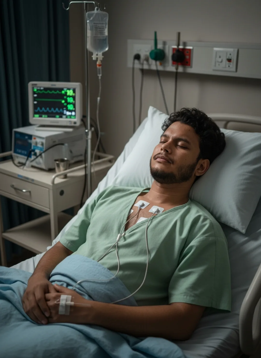 "A candid photograph capturing a young South Asian man lying peacefully asleep in a clean hospital room bed.
