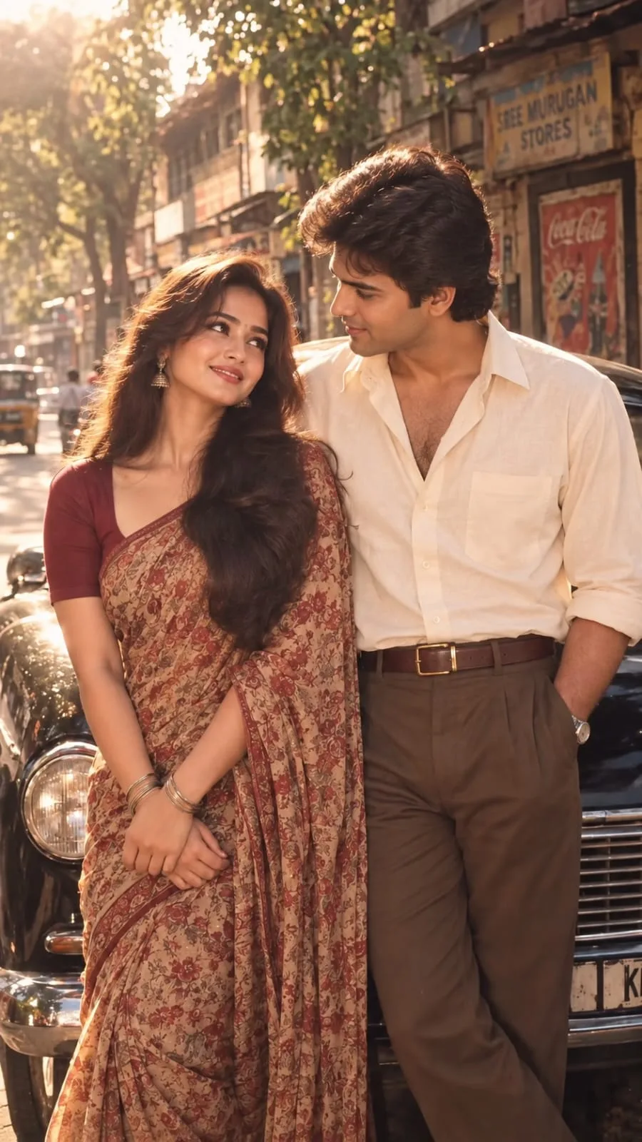 A cinematic vintage 1980s Indian romantic film scene, a stunning young Indian couple standing closely together beside a classic black