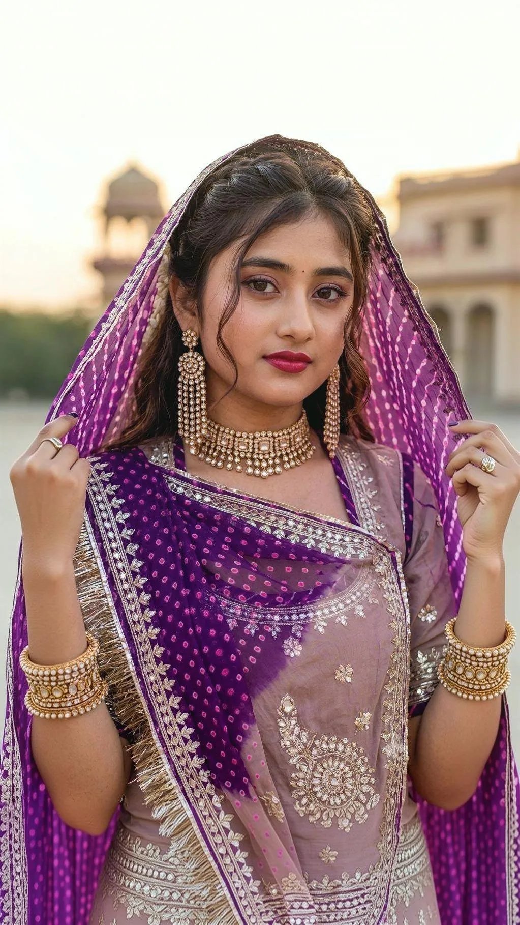 Prompt ⤵️ 💫✨ Use this face and create a close-up realis tic HD portrait of a beautiful young woman is wearing a tra ditional parpul-beige