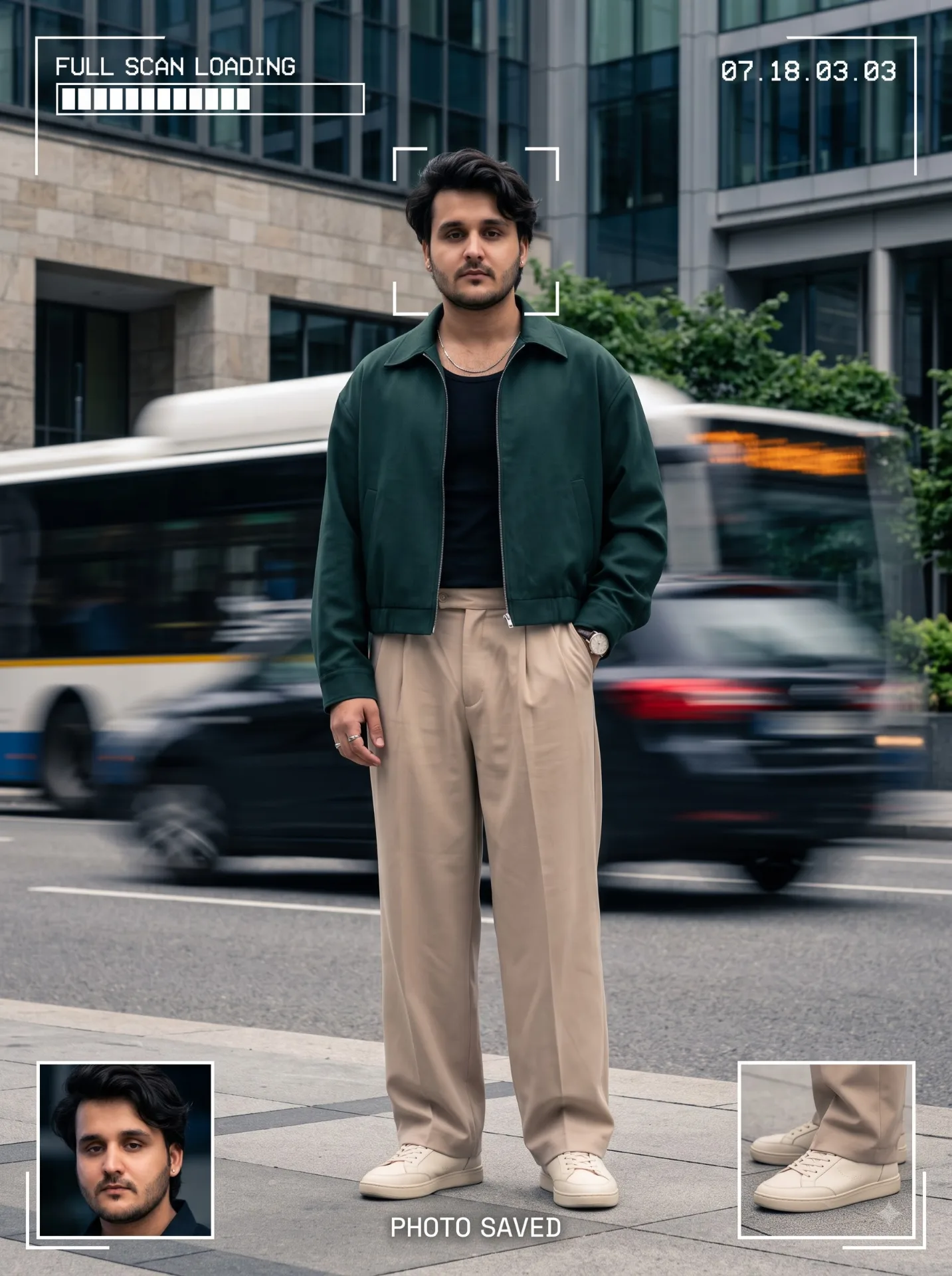 Ultra-realistic cinematic full-body street-fashion editorial portrait, contemporary masculine aesthetic mixed with retro-futuristic Y2K
