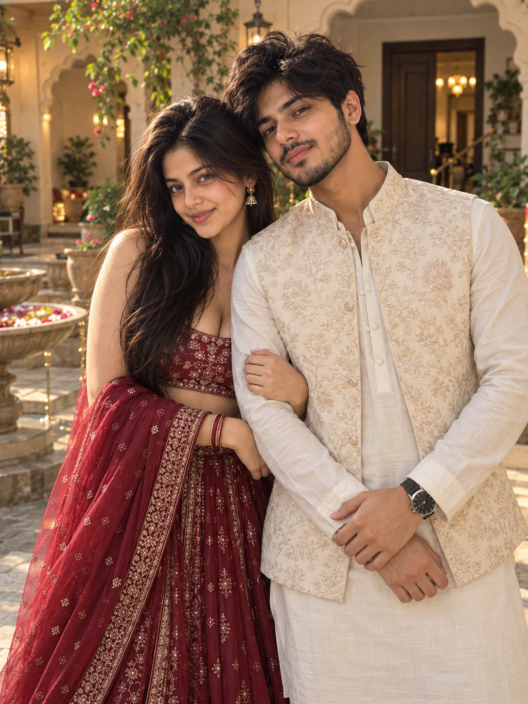 Ultra-realistic candid iPhone 15 Pro Max portrait of a young South Asian couple standing together in a beautiful traditional Indian
