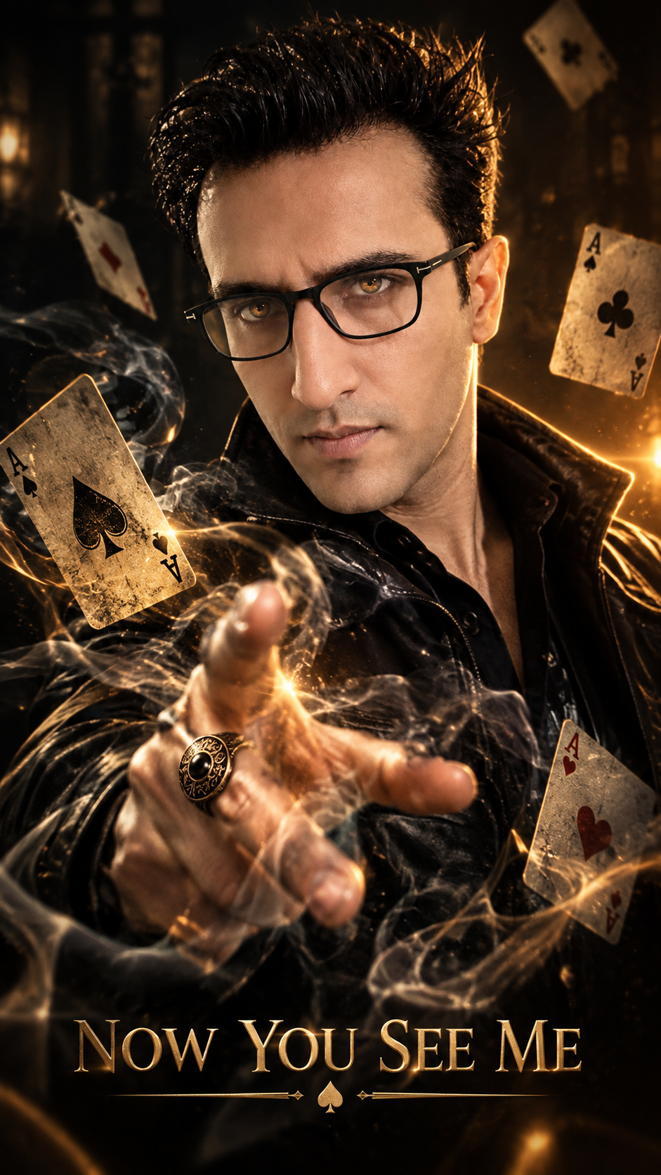 Cinematic potrait of uploaded man, slightly glowing amber eyes, black leather jacket, hand reaching toward camera with an ornate ring,