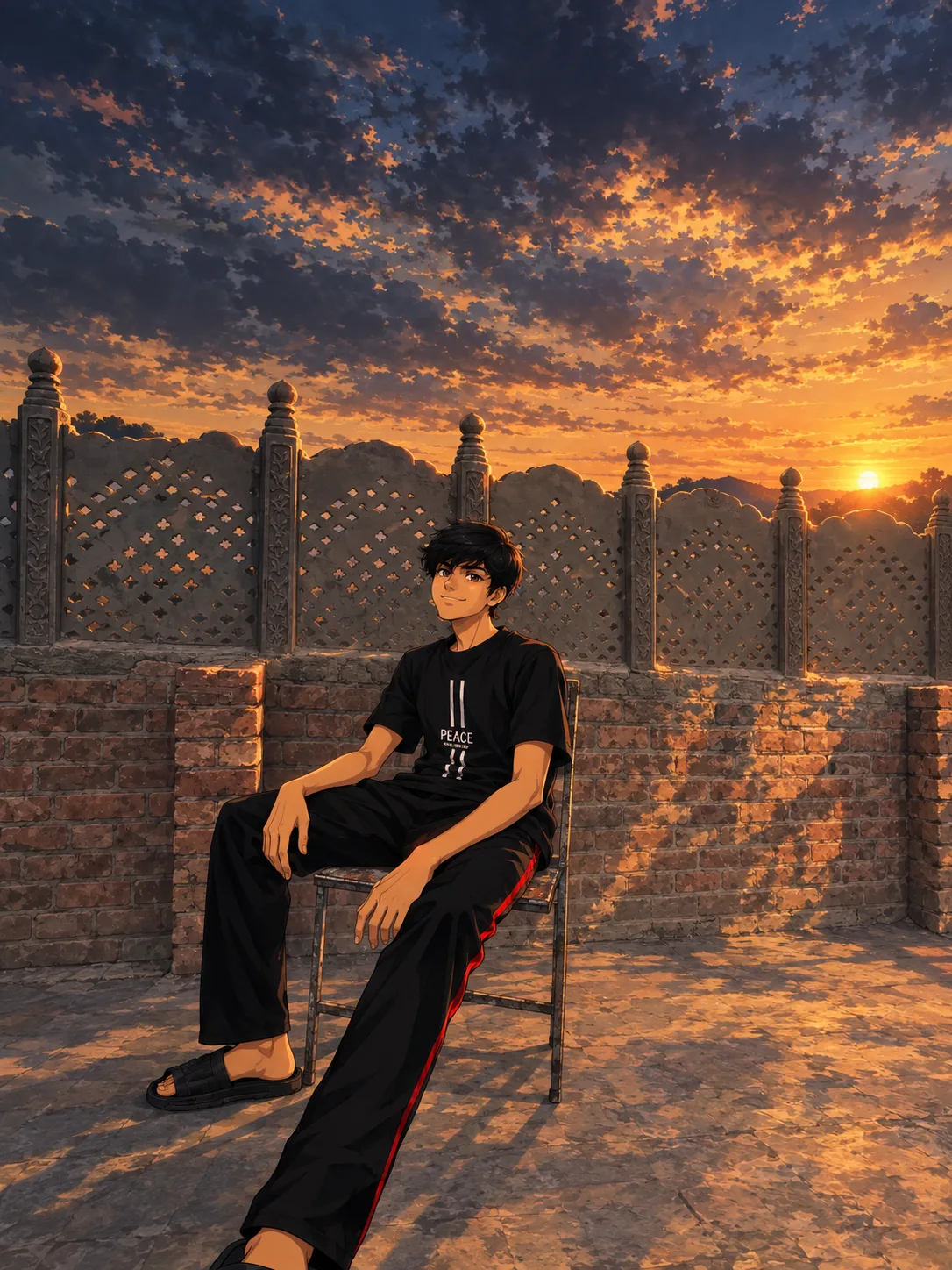 "An anime style portrait of a young man sitting on a chair in a rustic courtyard during a golden hour sunset.