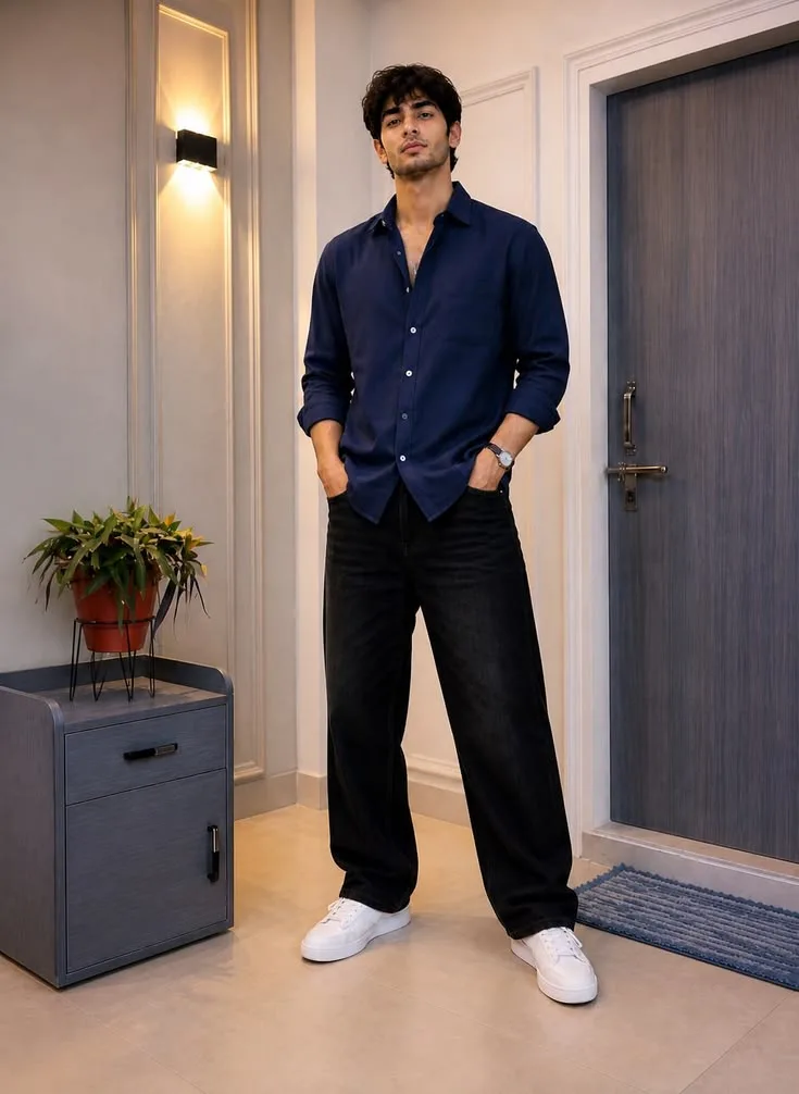 💙🖤 Navy Blue Shirt Classy Indoor Look 👟✨📸