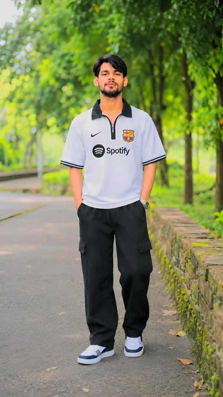 A photorealistic full-body vertical portrait of the young South Asian man from the reference image, faithfully preserving his exact