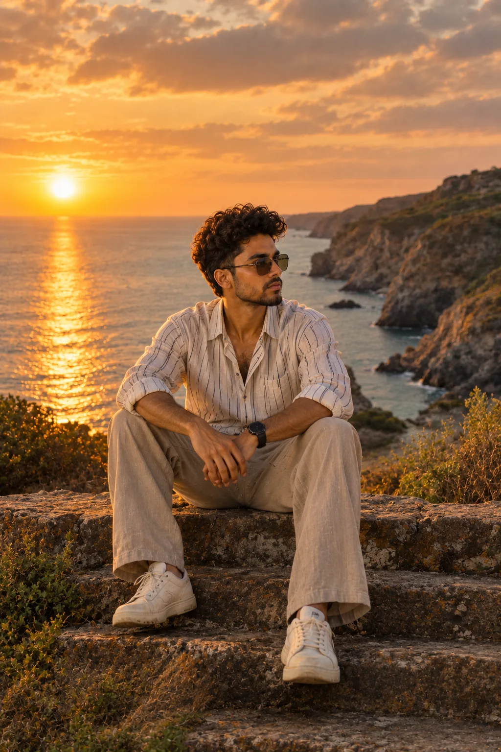 A young bearded man sits calmly on weathered stone steps overlooking a rugged coastal inlet, his hands loosely clasped as he gazes toward