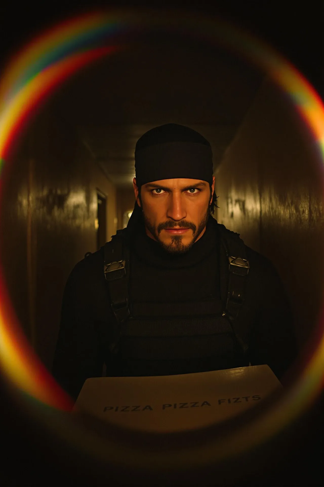 A portrait of a man in a dark, worn hallway, viewed through a large circular rainbow-colored lens flare that frames him.