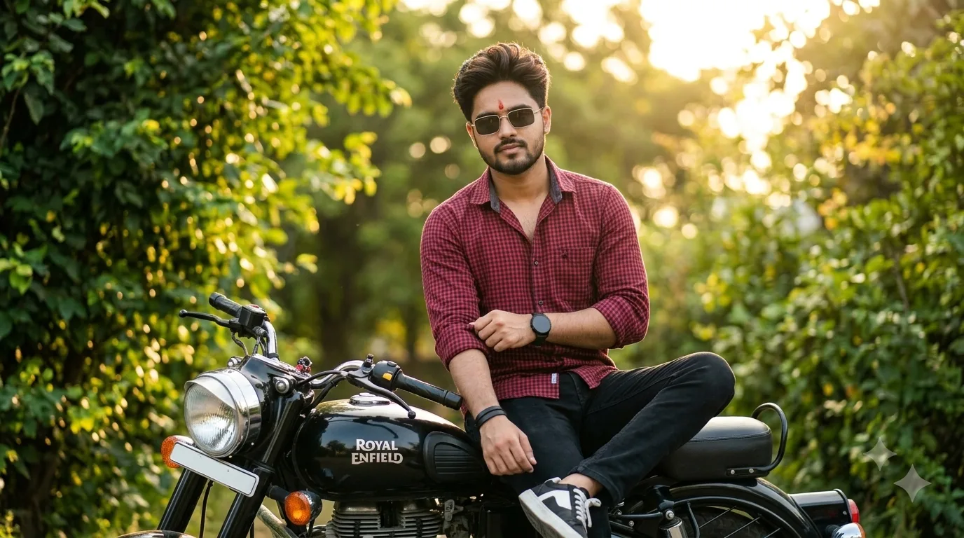 A stylish young man sitting on a classic black motorcycle outdoors during late afternoon.