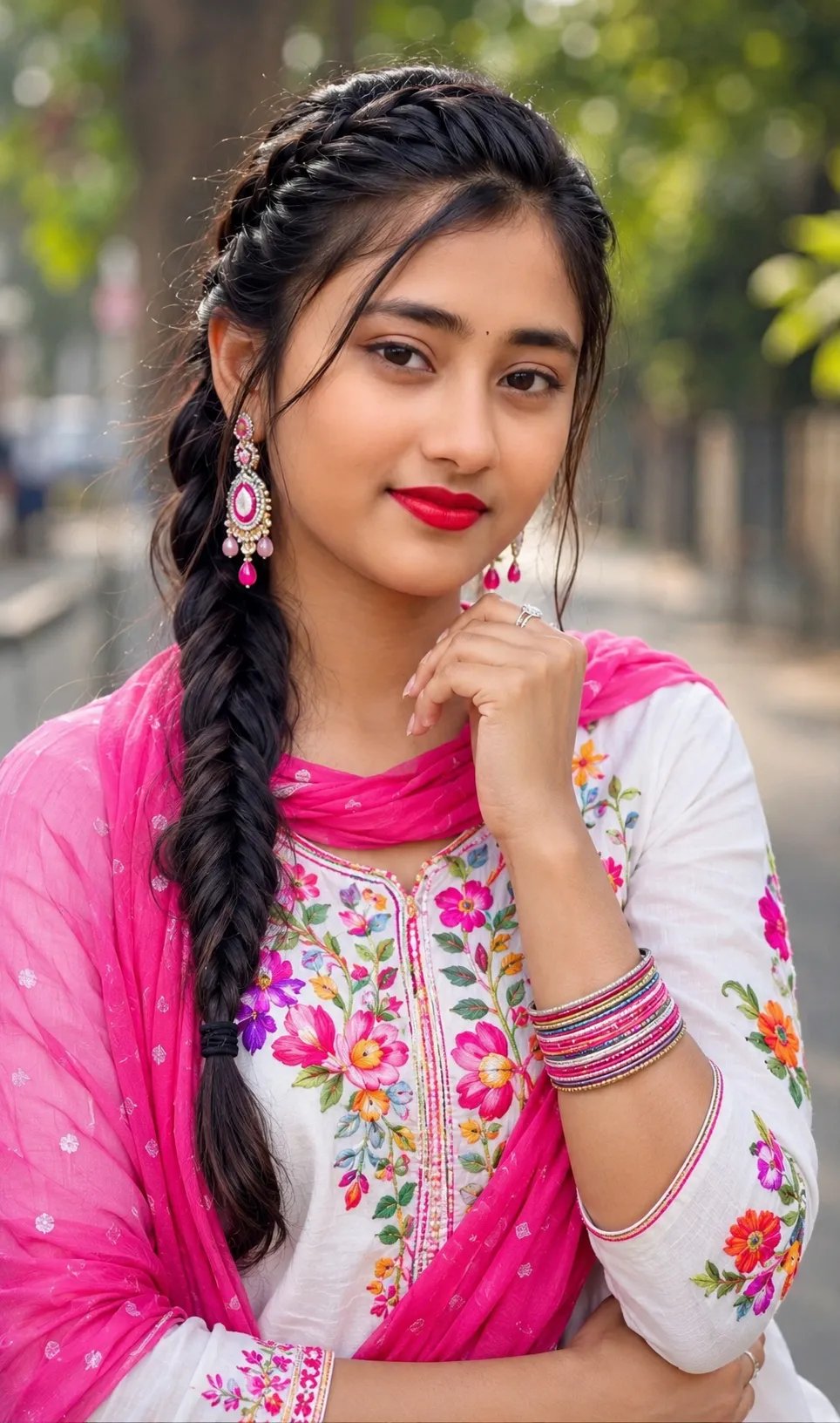 Prompt ⤵️ 💫 Create an image features a close-up, waist-up portrait of a young woman posing outdoors with a soft, blurred background.