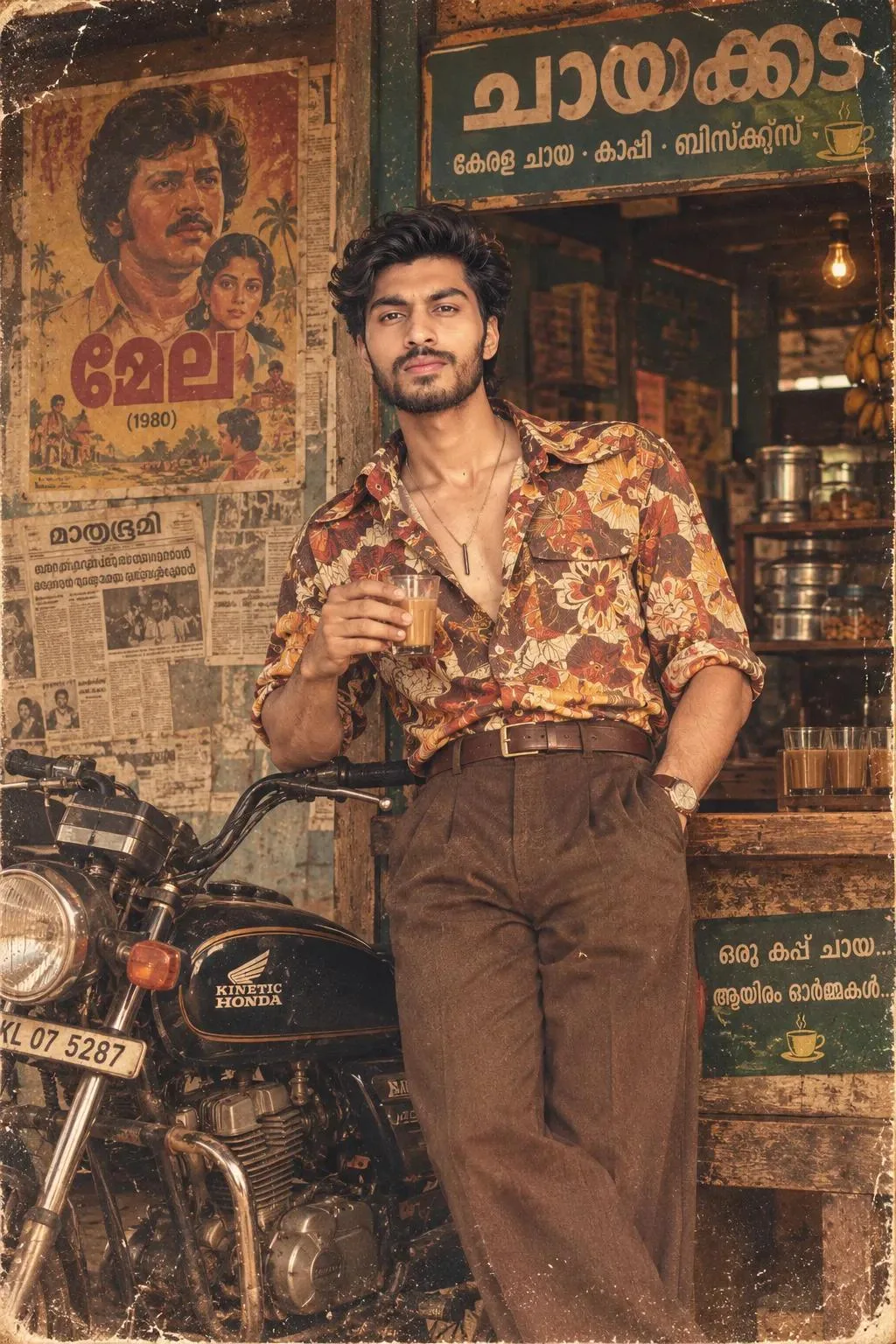 Retro 80s hairstyle & glam styling Vintage fashion-forward printed shirt High-waisted retro pants A glass of Kerala chaaya An old Kinetic