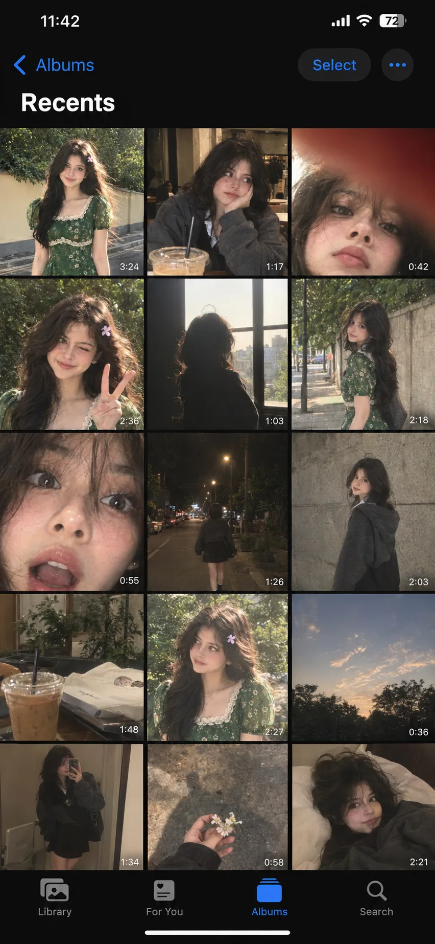 Turn the one-day camera roll of the person in the reference image into a single image that looks like a screenshot of an iPhone photo app.
