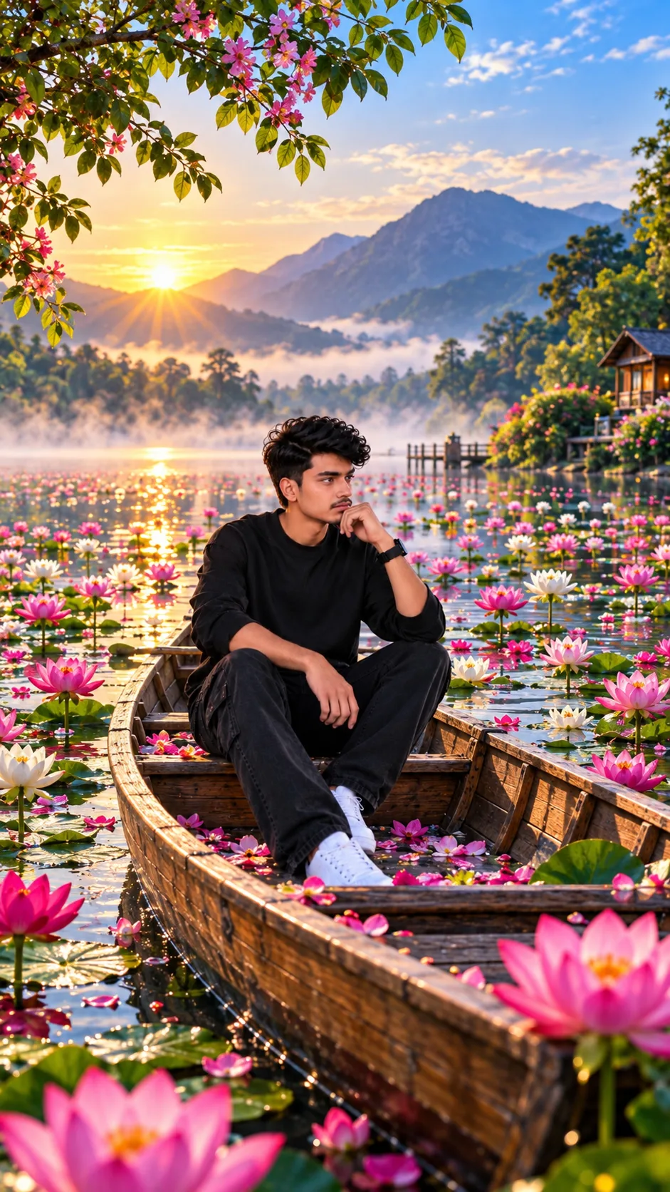 Create a beautiful cinematic scene using the uploaded image as the only person/subject.