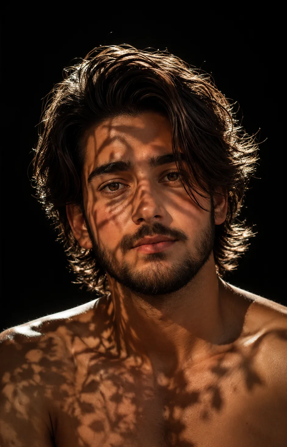 A highly cinematic, ultra-realistic **close-up portrait of a handsome young adult man**, captured from the shoulders upward against a