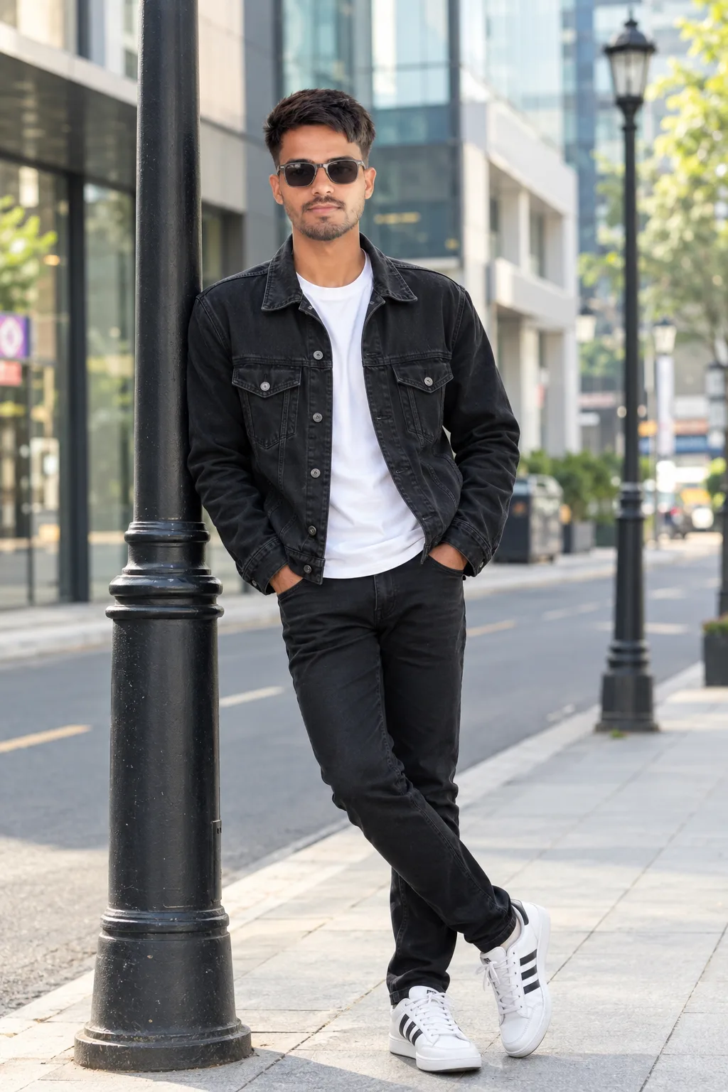 Create a photorealistic full-body fashion portrait of a young South Asian man standing casually on a modern city sidewalk beside a large