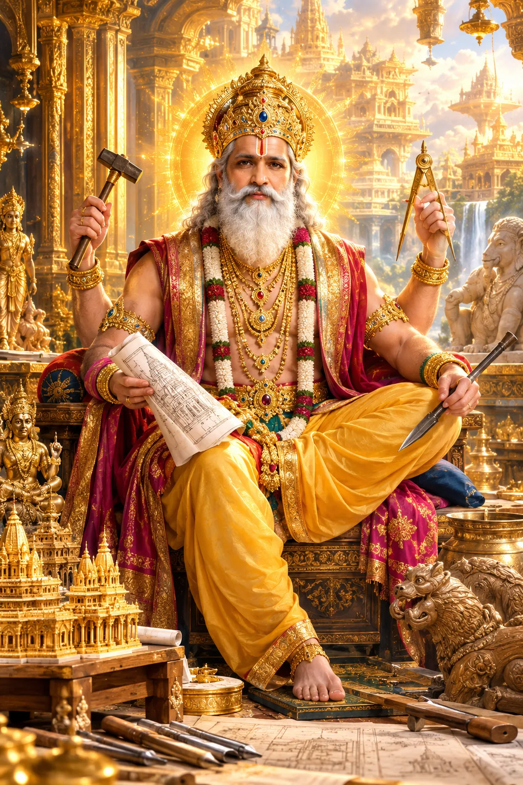 Create an ultra-realistic, divine and majestic 4K cinematic portrait of Lord Vishwakarma, the divine architect and craftsman of the gods.