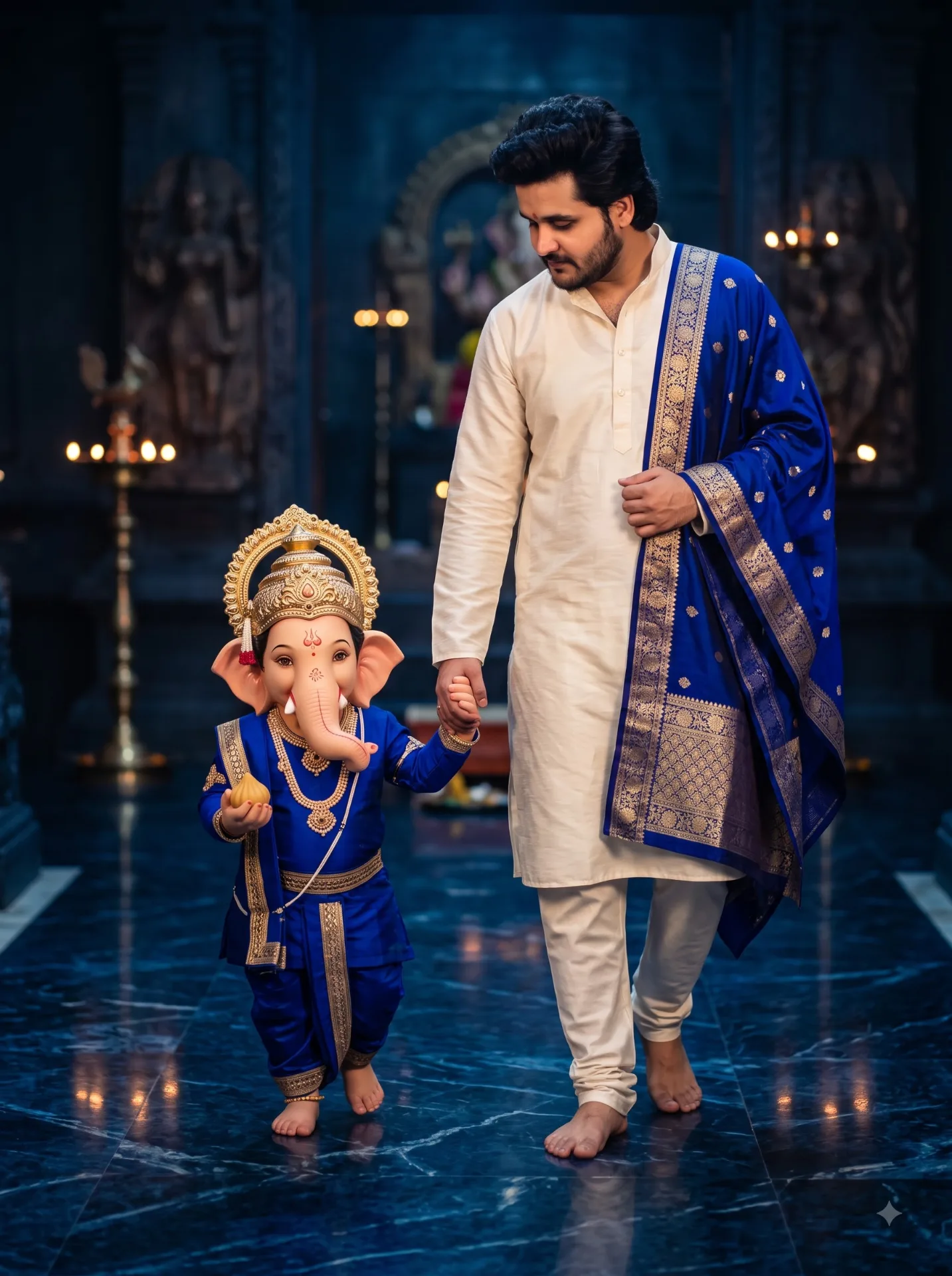 Indian 24 year old boy walking barefoot and holding hands with a charming divine child depiction of Lord Ganesha.