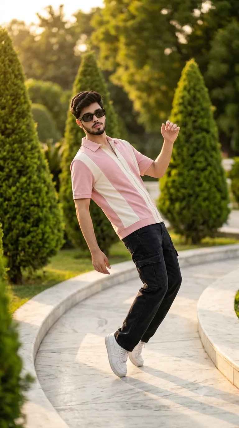 Ultra-realistic full-shot of a 21-year-old slim boy leaning backward in a smooth dance groove pose, one hand slightly raised and the other