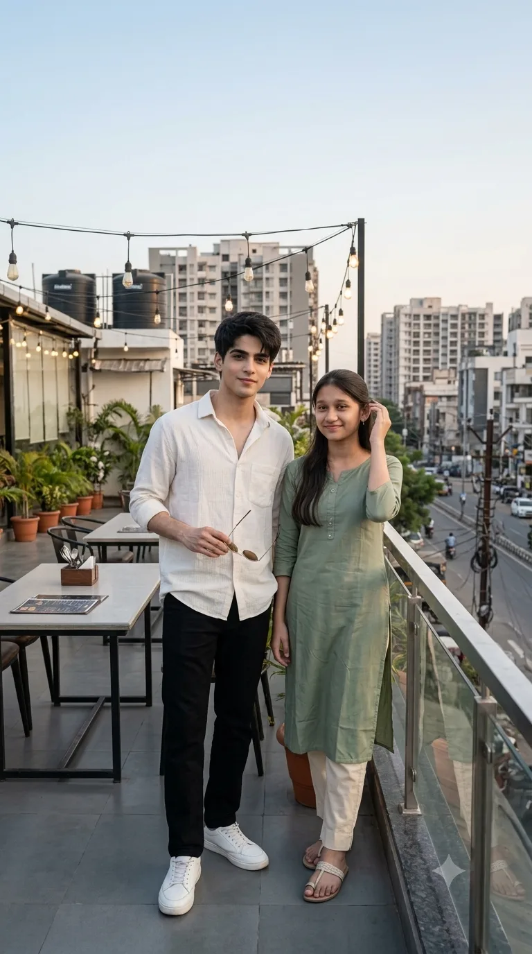 Ultra realistic full body photograph of a young boy and girl standing together on the open terrace of a modern rooftop cafe during a clear