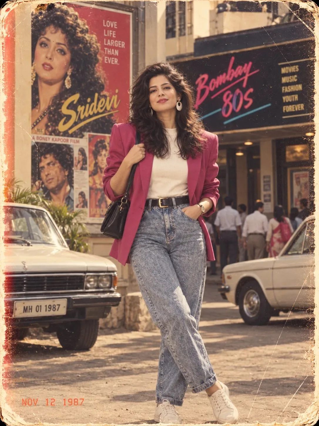 Create an ultra-realistic full-body portrait of a completely fictional young Indian woman standing confidently outside a busy Bombay cinema