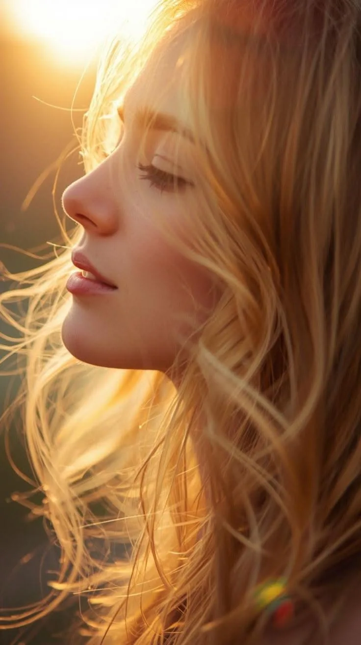 An extreme close-up, cinematic 9:16 side profile portrait of a young woman with long, flowing blonde hair softly blowing in the wind.