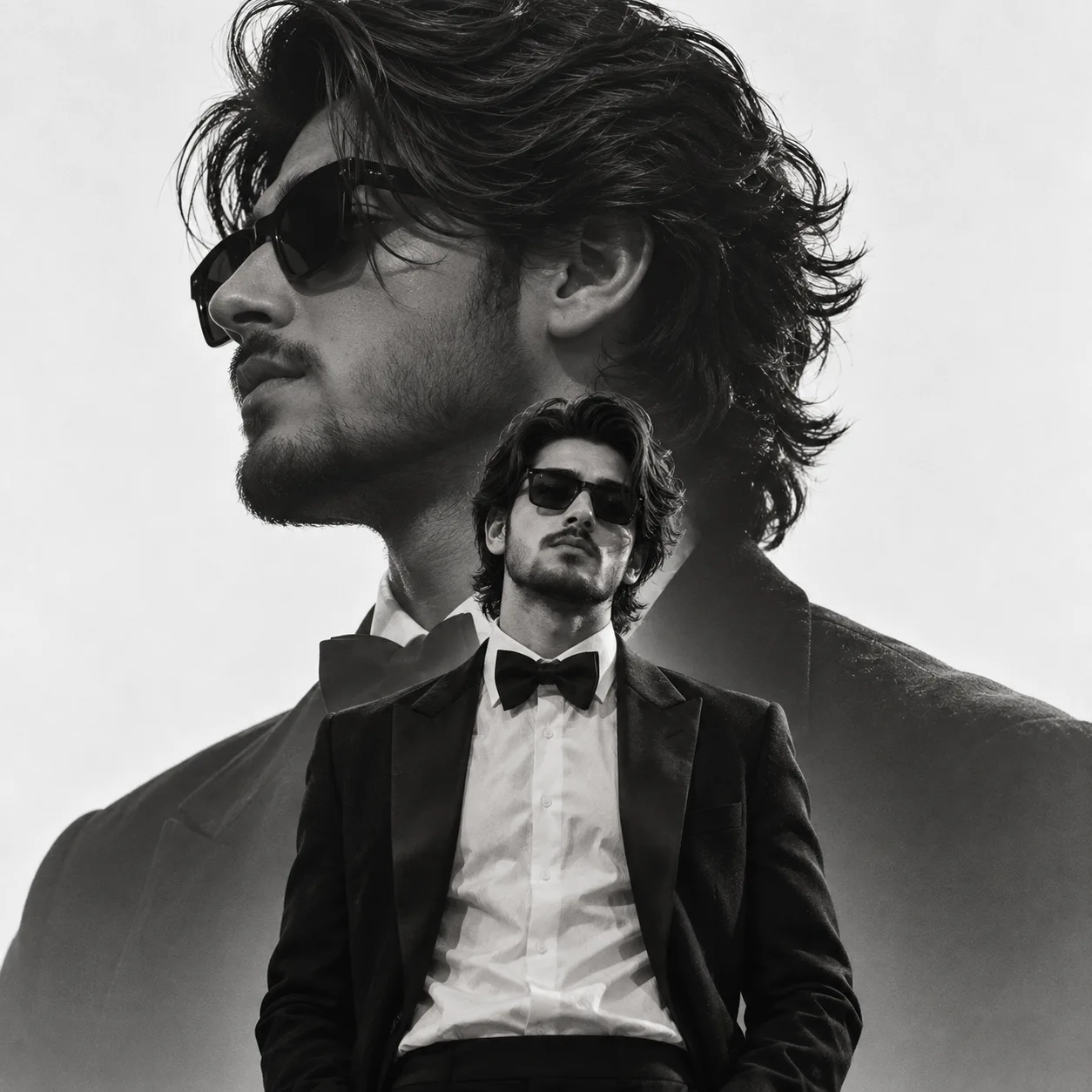 **Ultra-realistic black-and-white cinematic fashion editorial portrait of a stylish young adult man wearing a formal tuxedo, composed as a