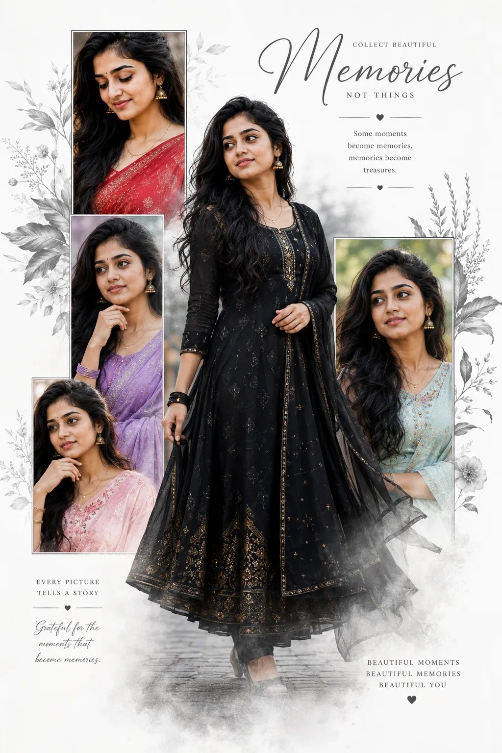 Elegant memory collage poster of the same woman as reference image, multiple portraits inside tall vertical frames, one large full-body