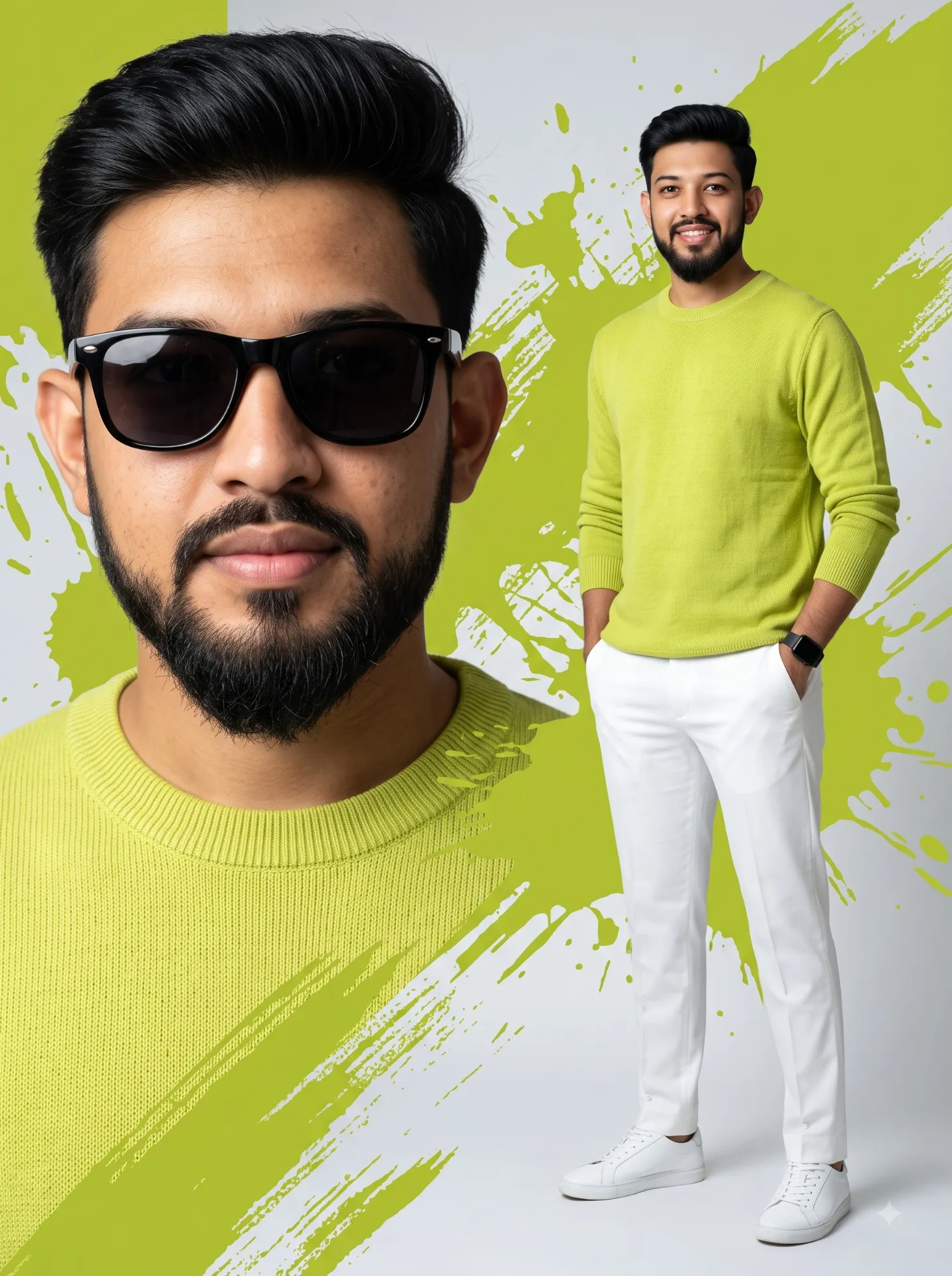 Same uploaded-reference 28-year-old Indian boy, strict face preservation, cute round face, thick textured black hair, black sunglasses,