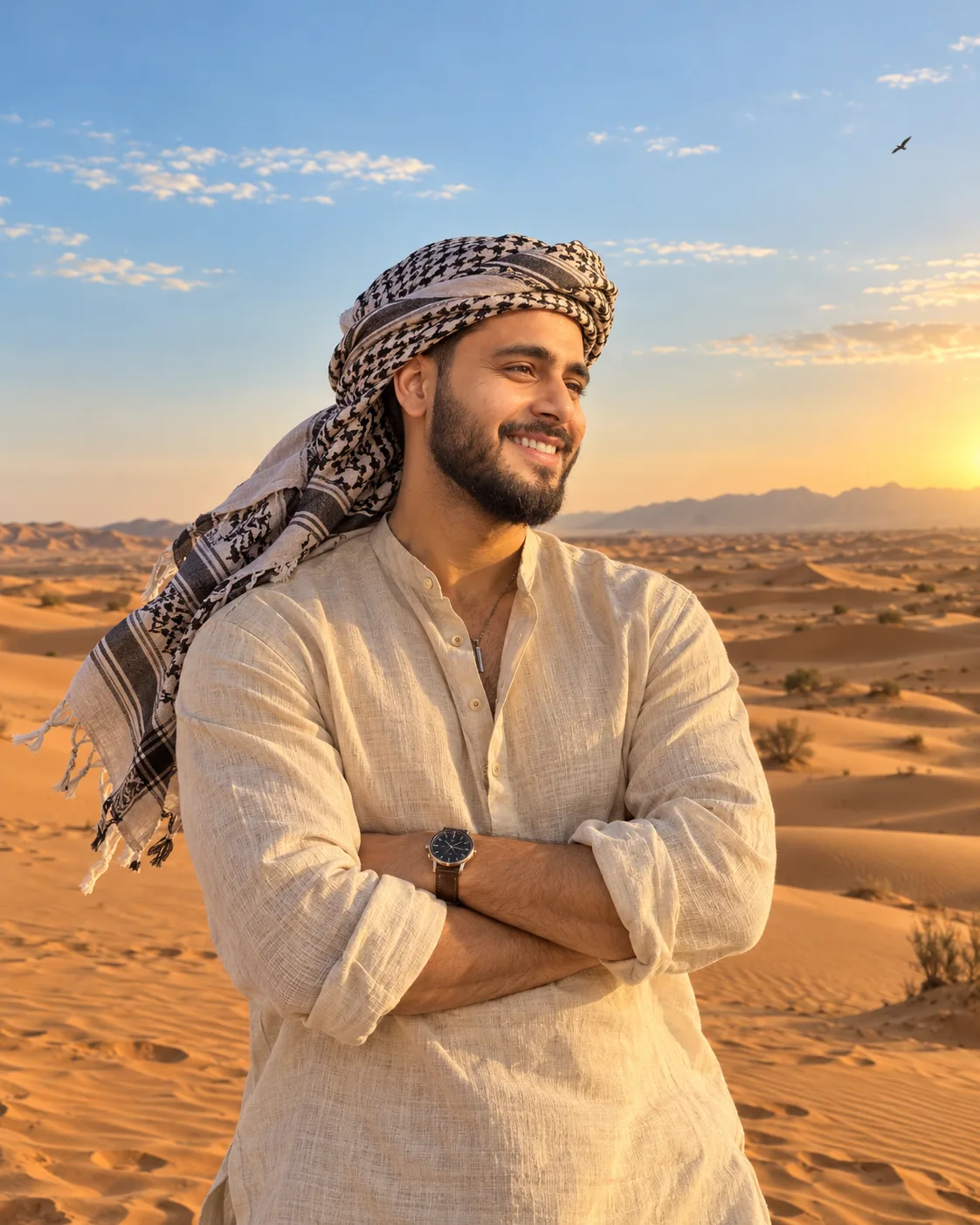 Create a photorealistic vertical travel portrait of a young adult man standing in a vast desert landscape during warm golden-hour sunlight.