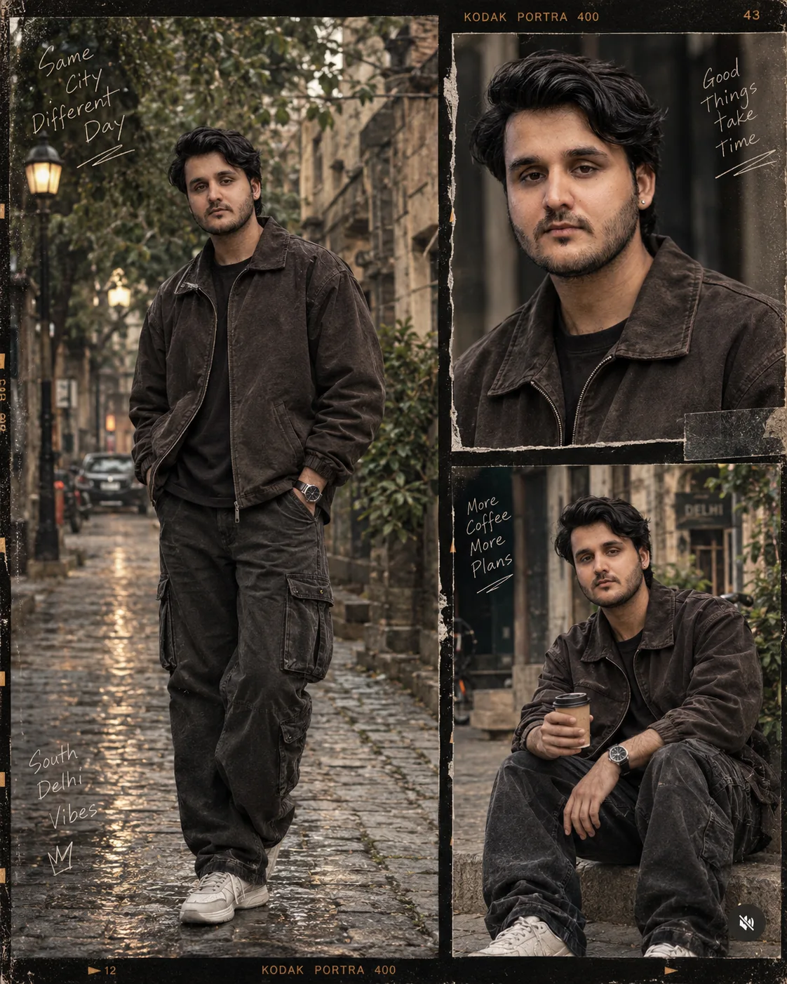 An editorial poster-style multi-panel collage presenting the subject across three asymmetric photographic frames, unified by a muted brown