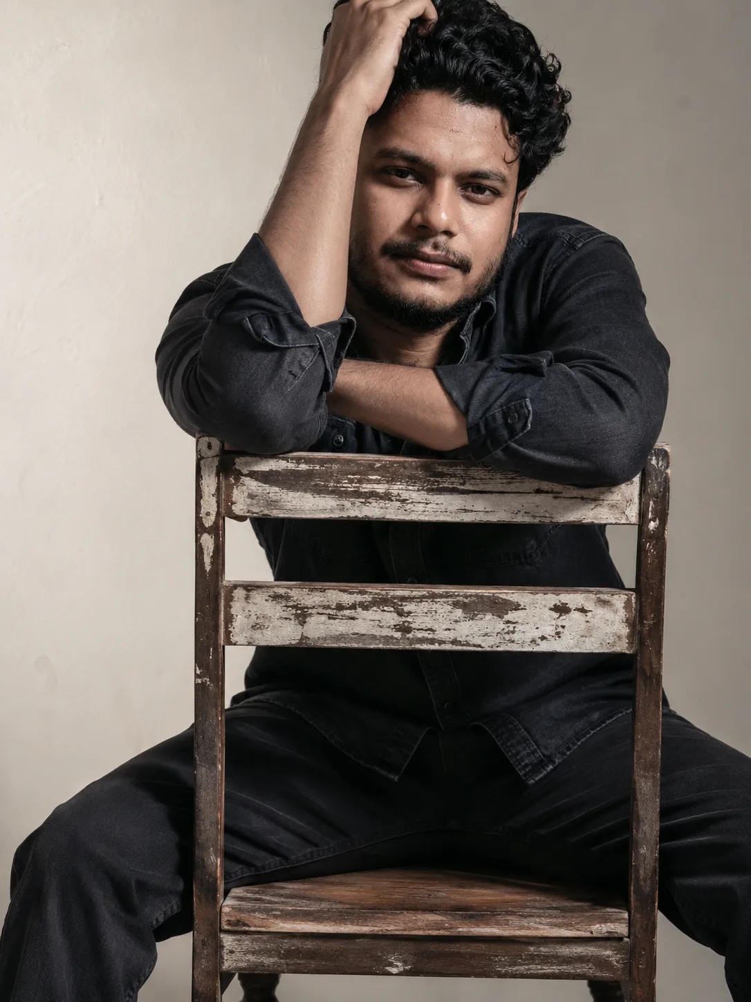 A professional studio portrait of a 26-year-old Indian man with a lean build, height 5 feet 5 inches, expressive dark eyes, neatly styled