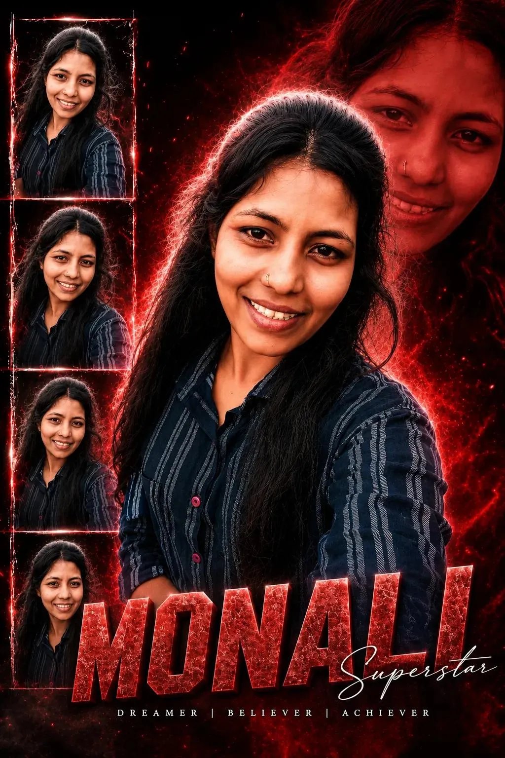 @pr__photography__0.5k Prompt:👇🏻❤️ Ultra-realistic red neon poster of a smiling Indian girl, multiple portrait frames on left side, large
