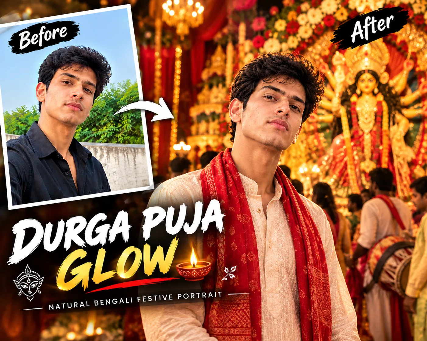 Transform the uploaded photo into a highly realistic natural Bengali Durga Puja photograph.