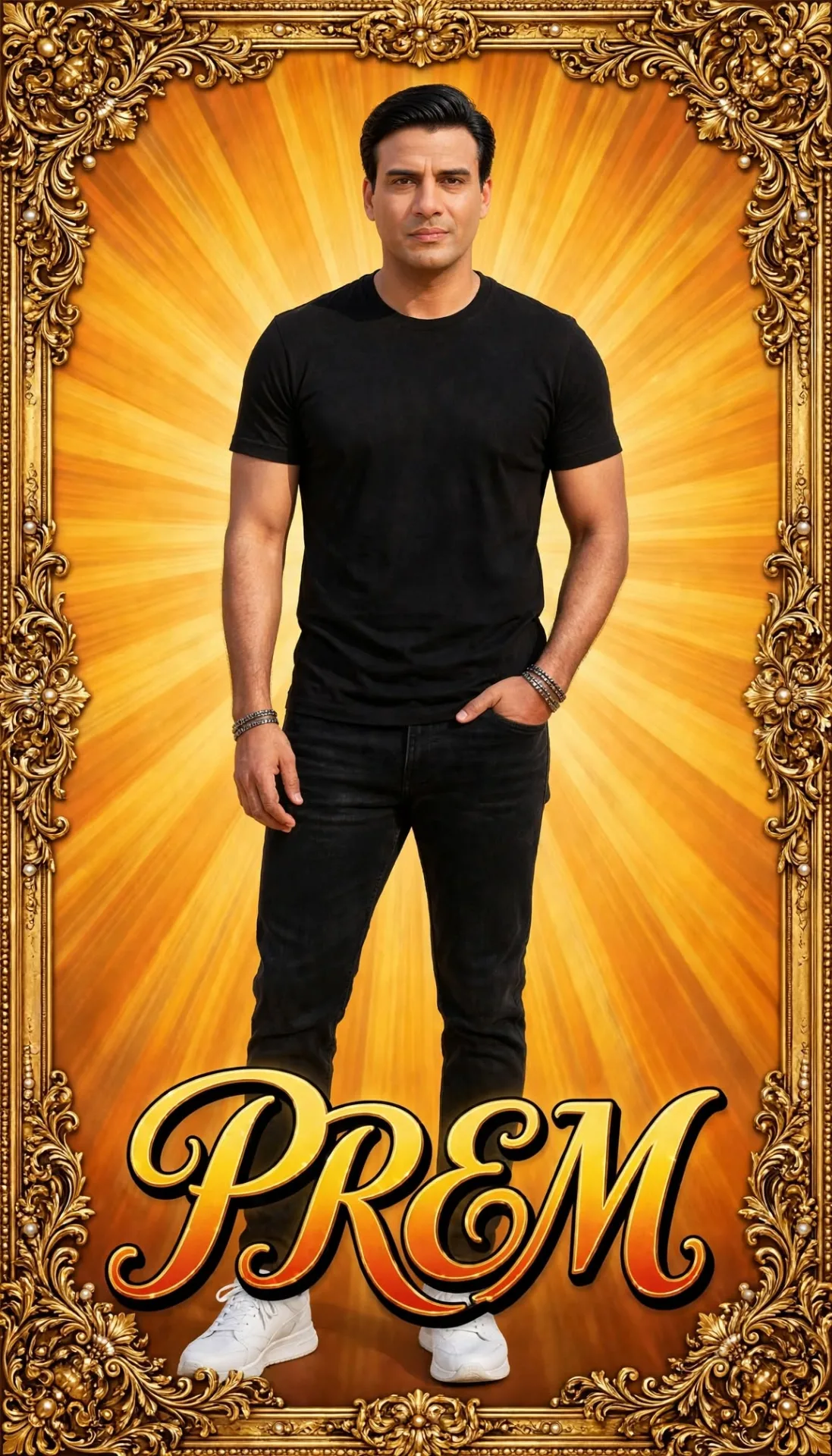 A premium Bollywood hero poster, Indian man standing centered, black t-shirt, black jeans, white sneakers, left hand in pocket, silver