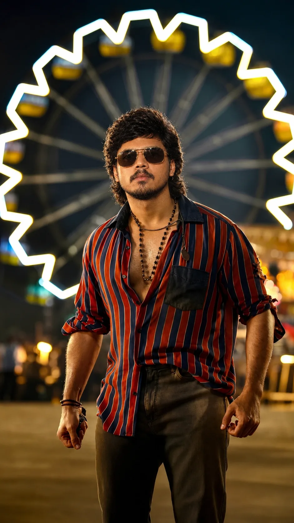 A cinematic ultra-realistic portrait of a confident young man standing at a vibrant night carnival, wearing a stylish red-and-navy vertical