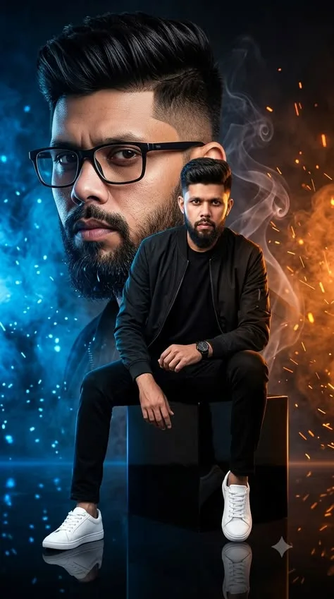 An absolute visual masterpiece, hyper-photorealistic and ultra-detailed three-layer dual-exposure character montage portrait capturing a