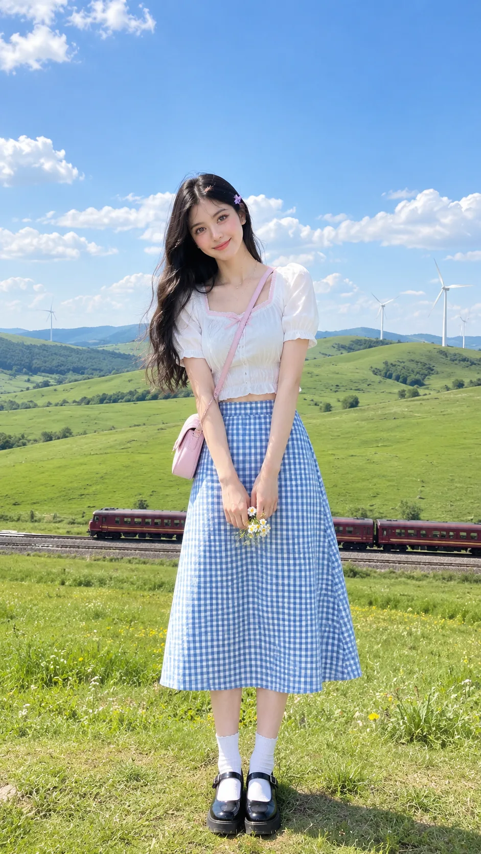 Prompt: Ultra-realistic full-body portrait of a young woman standing gracefully in a vast green countryside meadow under a bright blue sky