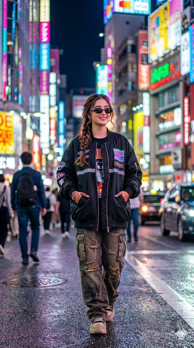 Image Using On Gamini Nano Banana pro Prompt :: A stylish girl in trendy streetwear, oversized jacket, sunglasses, walking through a