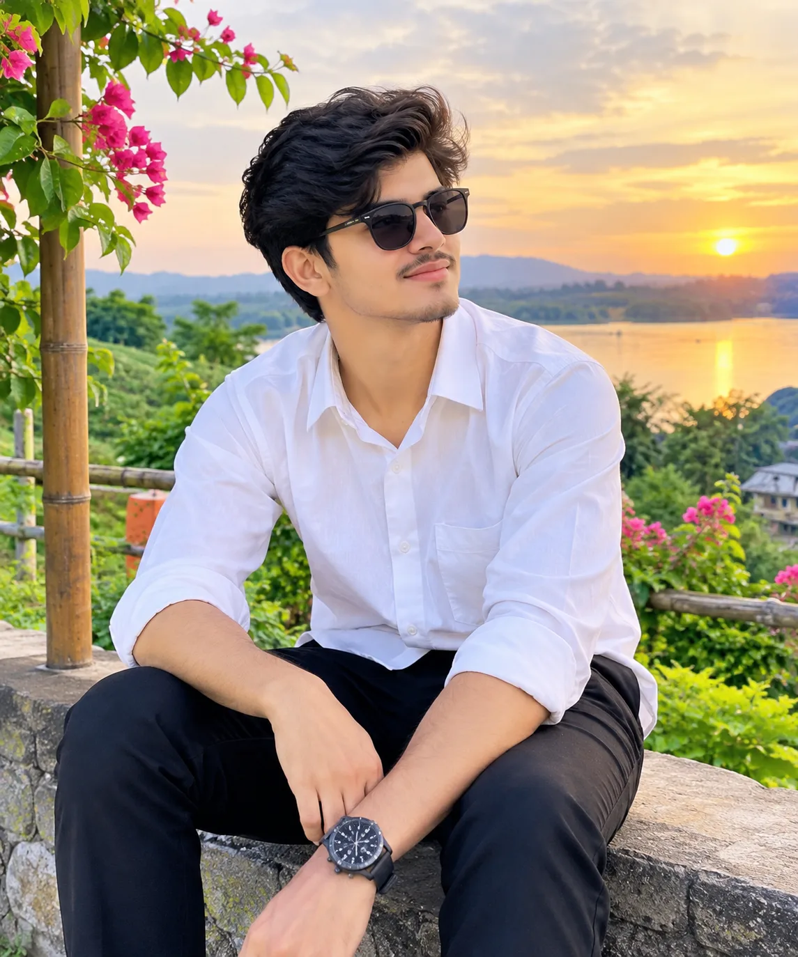 A handsome young South Asian man wearing a stylish white shirt and black trousers, sitting gracefully in a beautiful flower garden beside a