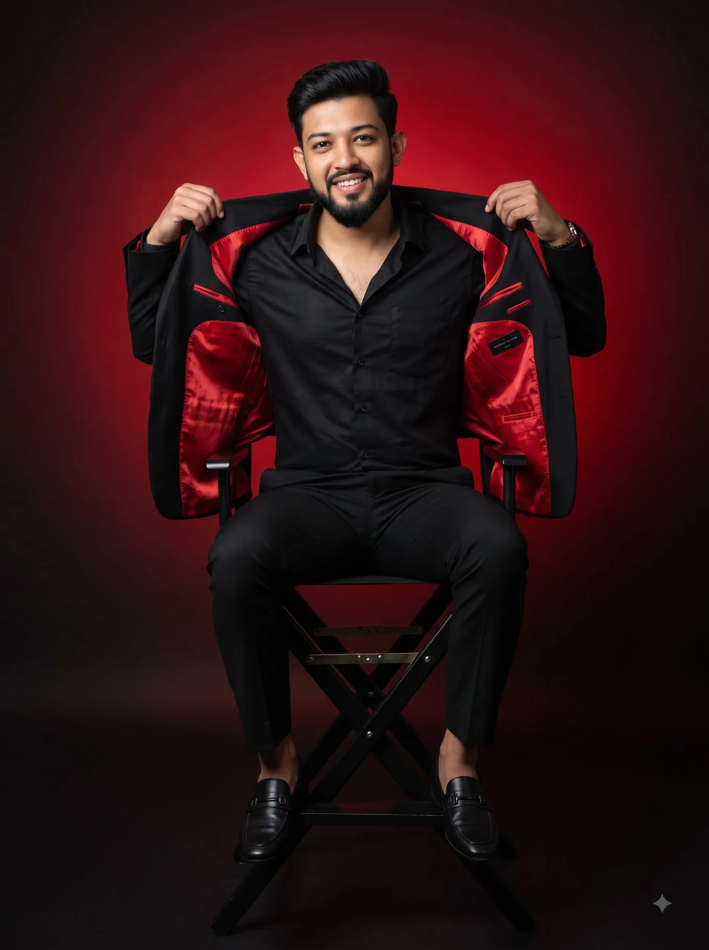 A stylish young man sitting on a black folding director's chair against a dramatic red-to-black gradient studio background.