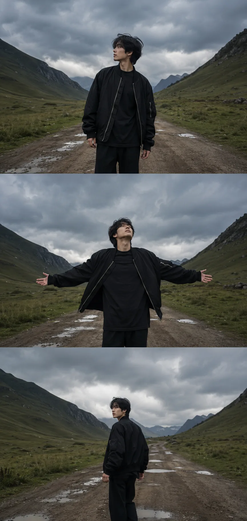 Ultra-realistic cinematic outdoor portrait series arranged in THREE VERTICAL FRAMES stacked from top to bottom (Instagram Story style