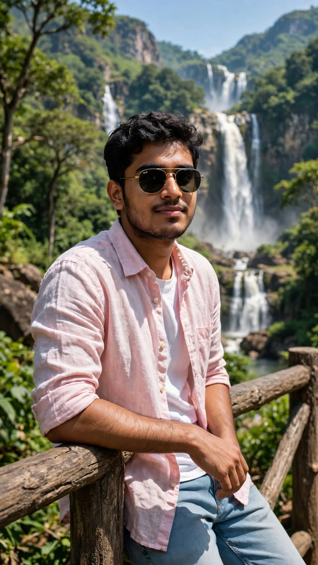 Travel portrait of a young man with sunglasses wearing light pink linen shirt and light blue jeans, leaning on wooden railing at waterfall