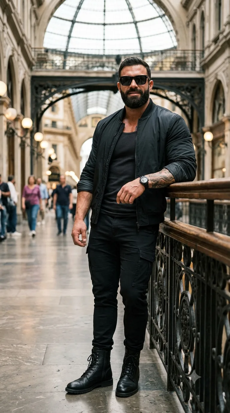 Ultra-detailed portrait of stylish, muscular bodybuilder man leaning casually against a galleria railing, confident and relaxed expression.