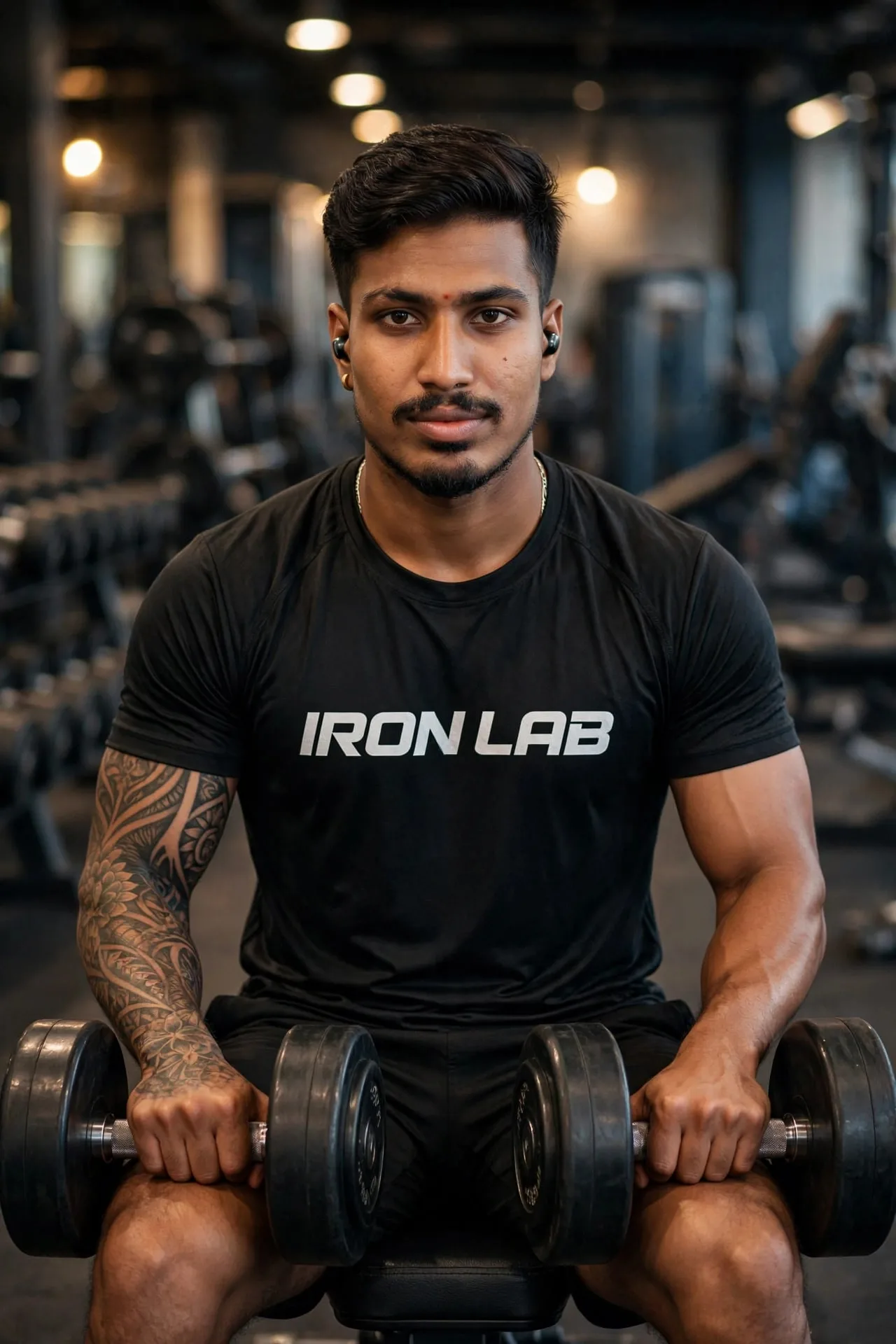 bench ಮೇಲೆ ಕುಳಿತು dumbbells ನ knees ಮೇಲೆ ಹಿಡಿದು, focused confident look, black athletic t-shirt, wireless earbuds, softly blurred gym