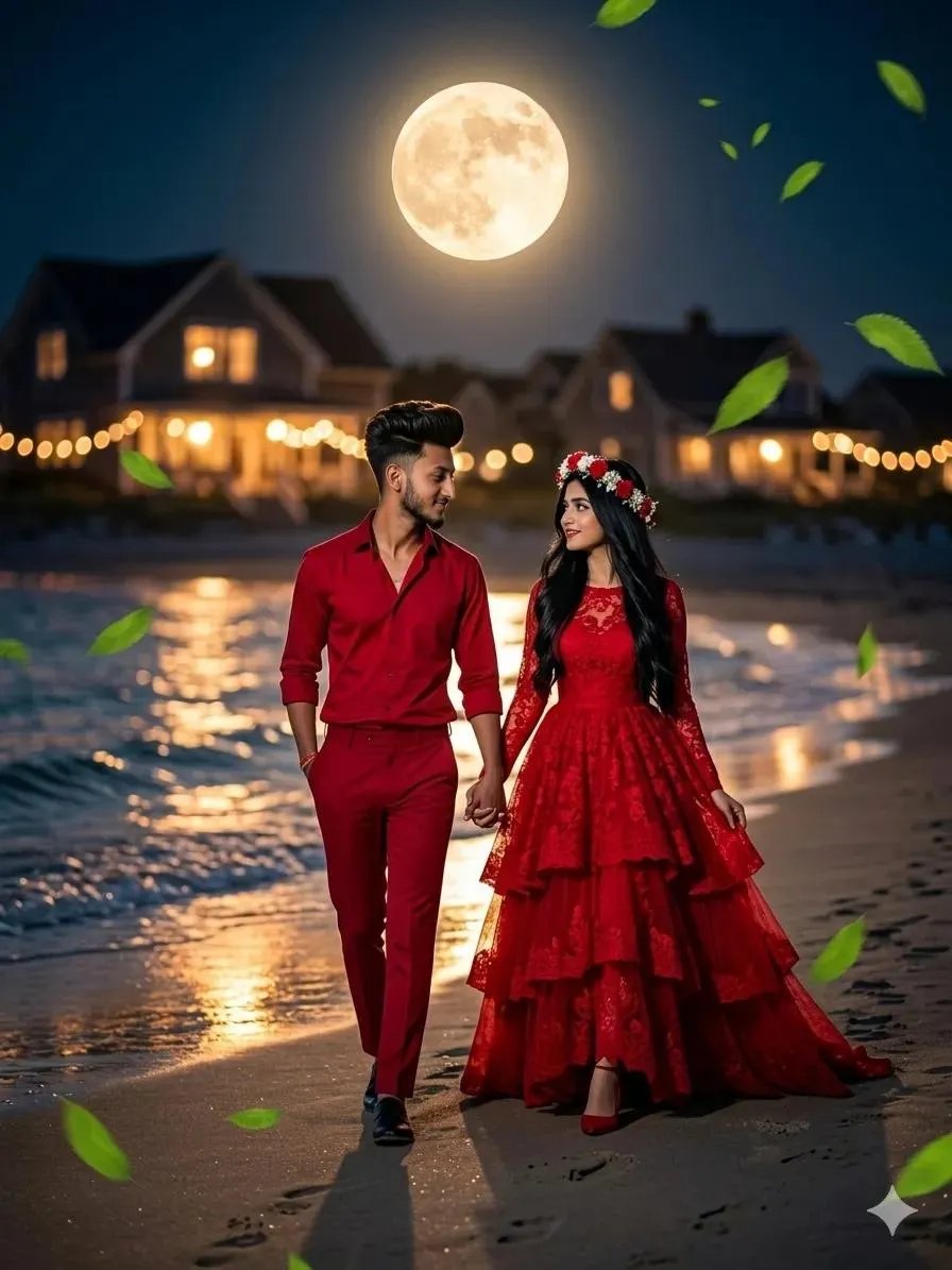 🍁🇮🇳💞 couple walking on a beach at night under a large glowing full moon.