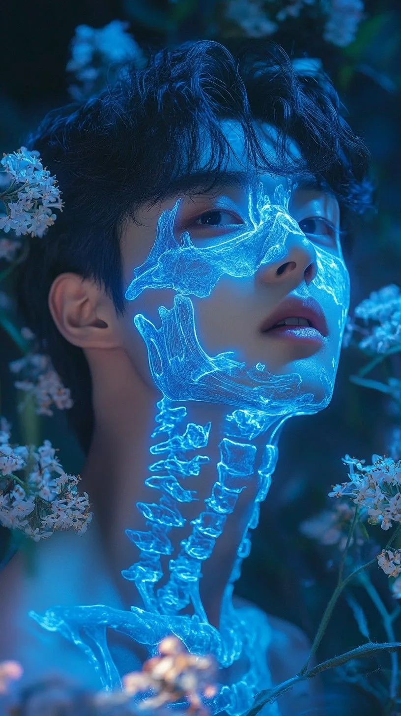 "A mystical surreal portrait of a handsome young Asian man with messy dark hair, surrounded by clusters of delicate white flowers in a