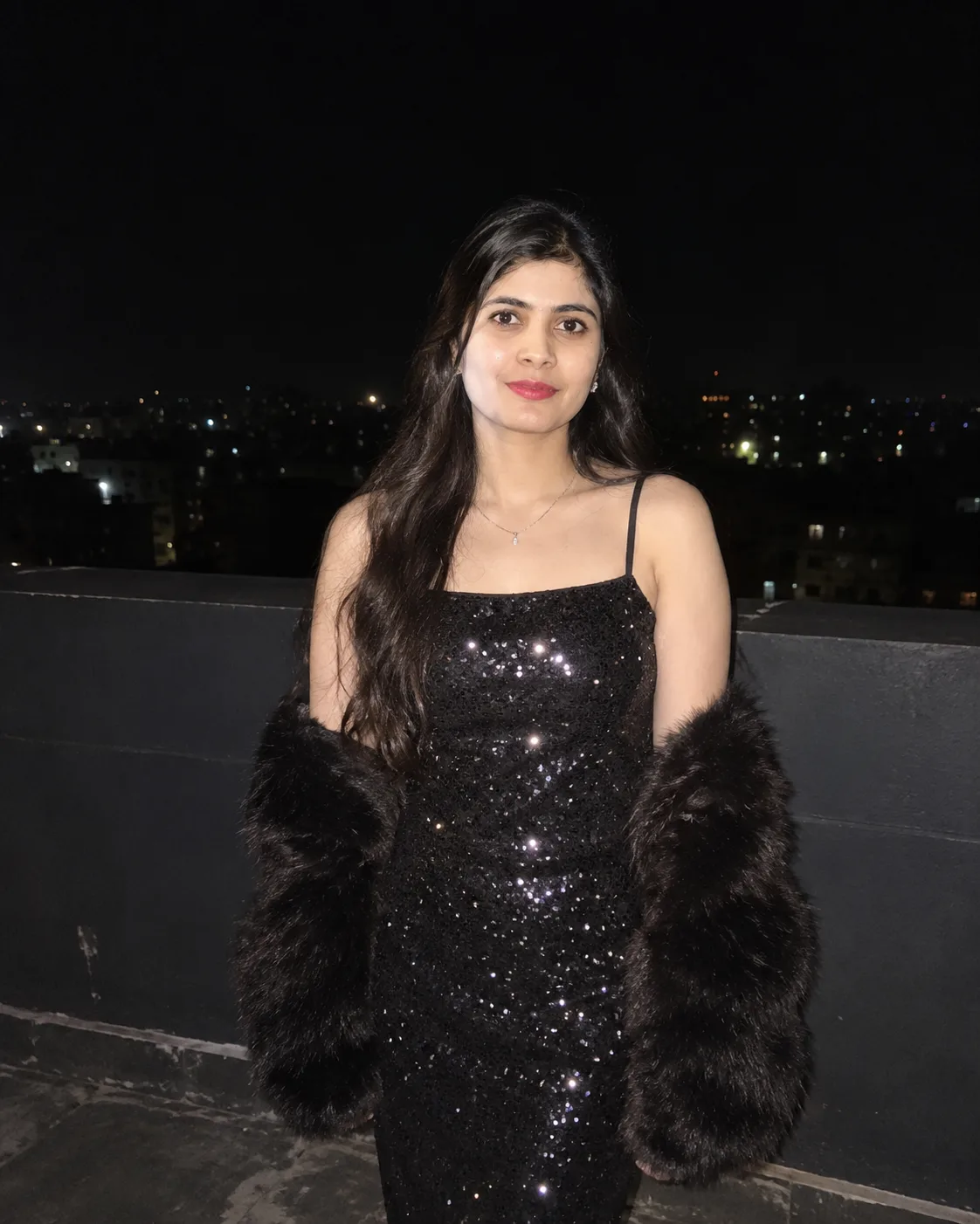 Create an extremely photorealistic nighttime portrait.