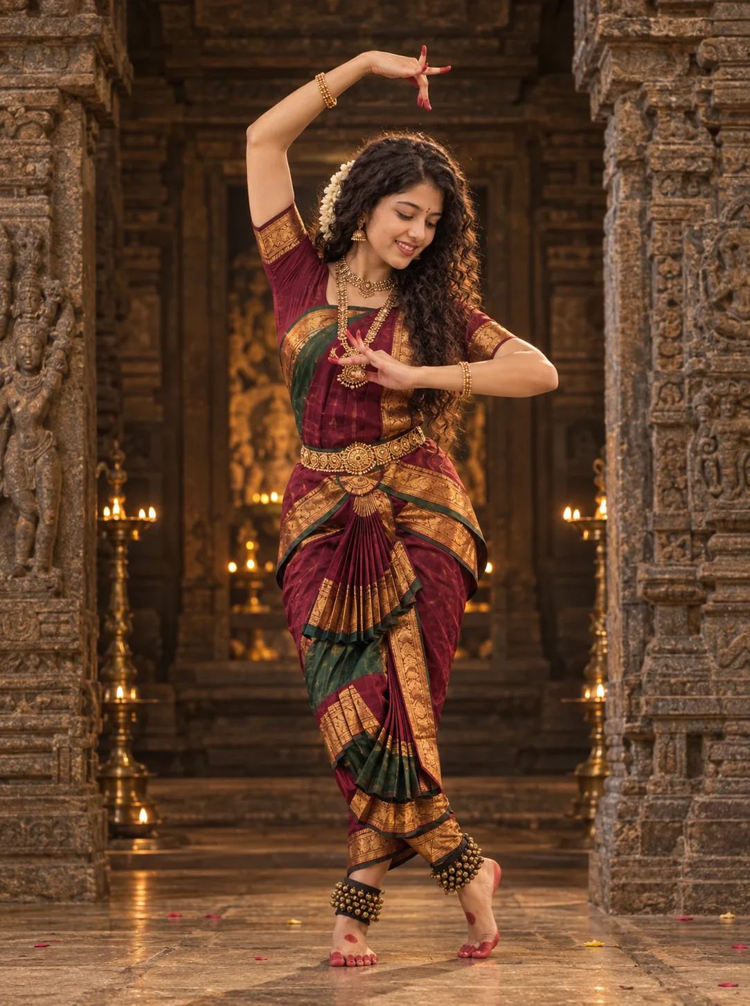 An adult Bharatanatyam dancer standing centrally inside an ancient stone temple shrine, body forming the identical elegant S-curve: one arm