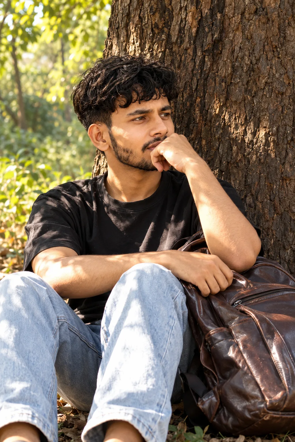 1. ULTRA-REALISTIC 8K DSLR PHOTOGRAPH, candid outdoor portrait of a young South Asian man sitting on the ground with his back and right