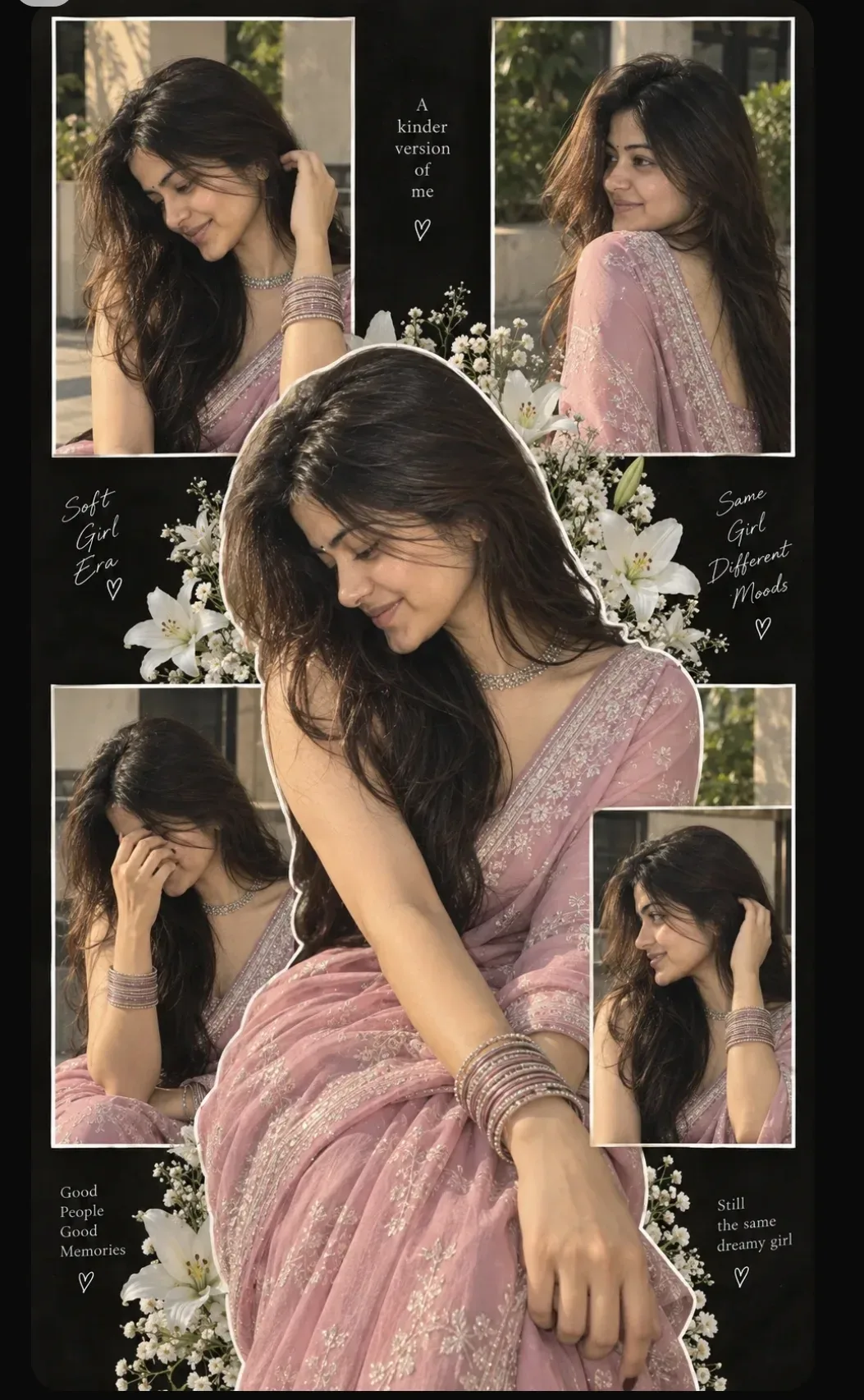 AI Image Generation Prompt πΈ Photorealistic aesthetic collage of an adult Indian woman wearing an elegant pink saree with intricate silver