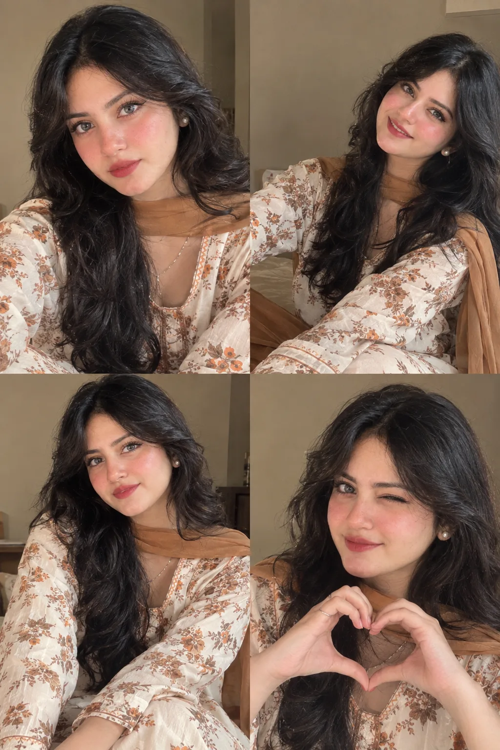 Ultra-realistic high-resolution 4-panel fashion portrait collage of a young woman wearing a beautiful cream/ivory floral-printed